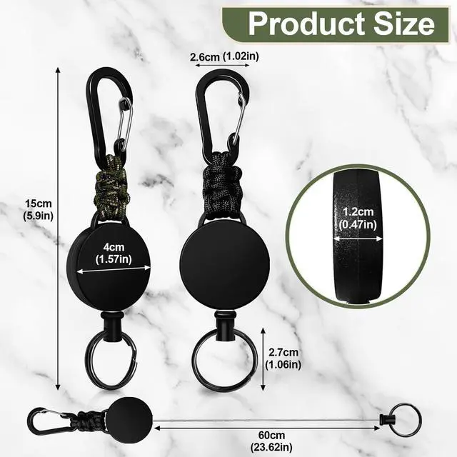 Alt view image 7 of 7 - Retractable Keychain 2 Pack Heavy Duty Carabiner Badge Holder, Key Chain Retractable Badge Reel with 60 cm Steel Extendable Cord, ID Badge Holders for Keys Ring (Black + Green)
