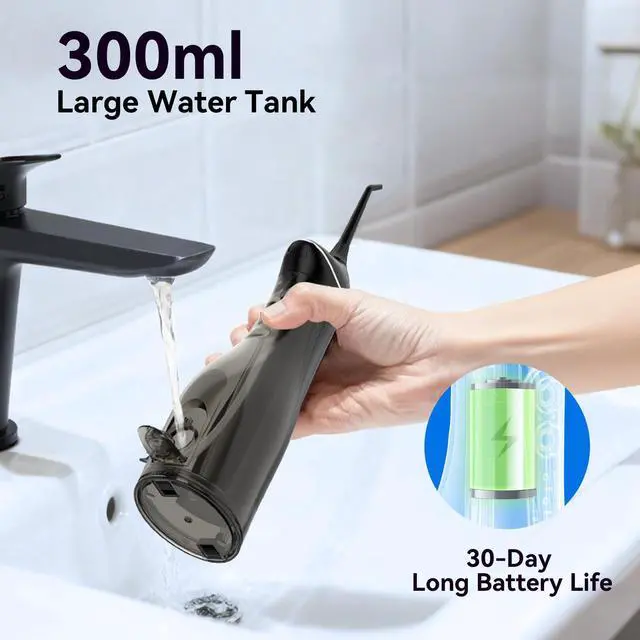 Alt view image 4 of 7 - Cordless Portable Water Flosser with 300ML Tank: Rechargeable Oral Irrigator with 5 Tips for Travel, Braces Care and Sensitive Gums, IPX7 Waterproof Teeth Cleaning Device(Black)