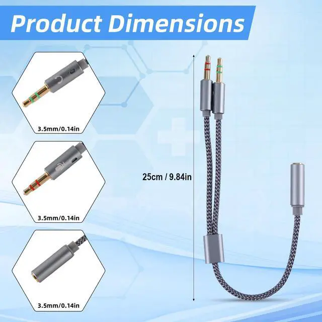 Alt view image 2 of 7 - 2pcs 2-in-1 Headphone & Microphone Splitter Cable, 3.5mm/0.14in Female to Dual 3.5mm/0.14in Male Audio Adapter Y-Splitter for Gaming Headset PC Laptop Computer Speaker (Gray)