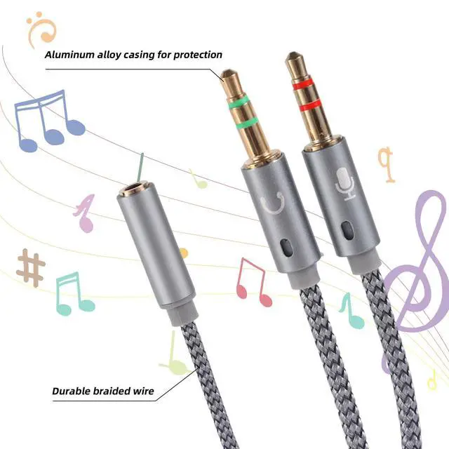 Alt view image 3 of 7 - 2pcs 2-in-1 Headphone & Microphone Splitter Cable, 3.5mm/0.14in Female to Dual 3.5mm/0.14in Male Audio Adapter Y-Splitter for Gaming Headset PC Laptop Computer Speaker (Gray)