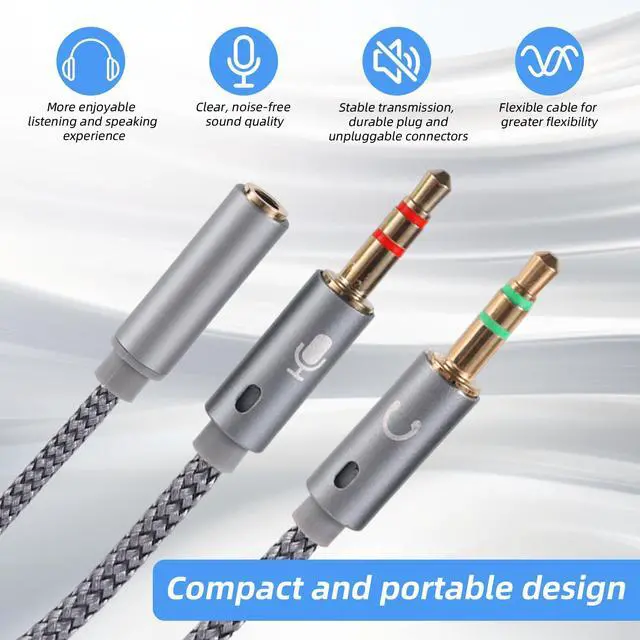Alt view image 6 of 7 - 2pcs 2-in-1 Headphone & Microphone Splitter Cable, 3.5mm/0.14in Female to Dual 3.5mm/0.14in Male Audio Adapter Y-Splitter for Gaming Headset PC Laptop Computer Speaker (Gray)