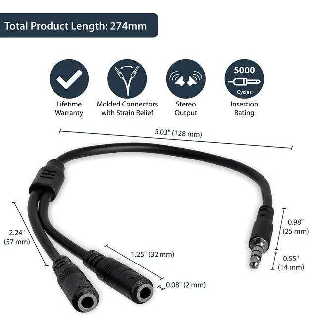 Alt view image 3 of 5 - Headset Adapter, Microphone and Headphone Splitter - 3.5mm Male Aux to 3.5mm Female Audio & Mic Combo Jack Y Cable for Laptop / PC (MUYHSMFF) Black