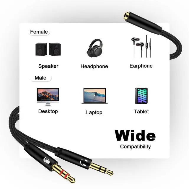Alt view image 6 of 7 - Headphone Splitter for PC, 3.5mm Female to 2 Dual Male 3.5mm Audio Splitter,1 in 2 Aux Microphone Mic Splittor,Headset Jack Adapter Cable Dongle Cord to PC Gaming Speaker Headphones Laptop Computer