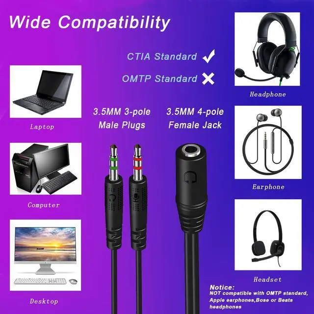 Alt view image 2 of 7 - Headphone Splitter for PC 3.5mm Female to Dual 3.5mm Male Mic Y Splitter