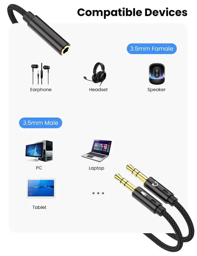 Alt view image 6 of 6 - 2PCS Headphone Mic Splitter for Computer, Braided 3.5mm Female to Dual Male Audio Splitter Cable Adapter for Gaming Headset Earphone, Speaker, Laptop