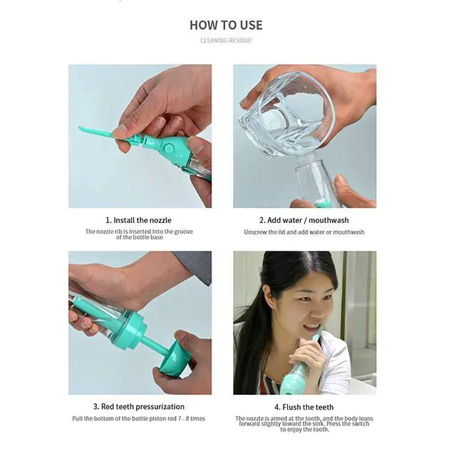 Alt view image 5 of 6 - Cordless Water Dental Flosser Non-Electric Portable, Manual Air Pressure Simple Operation, Bottle Strengthening Dental Oral Irrigator for Home & Travel, Green.