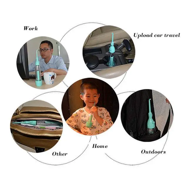 Alt view image 6 of 6 - Cordless Water Dental Flosser Non-Electric Portable, Manual Air Pressure Simple Operation, Bottle Strengthening Dental Oral Irrigator for Home & Travel, Green.