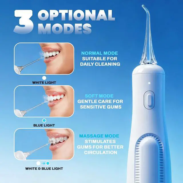 Alt view image 3 of 7 - Water Dental Flosser Teeth Pick: Portable Oral Irrigator, 3 Modes Cordless Water flosser,Battery Operated, IPX5 Waterproof Flossing Machine for Teeth Cleaning for Travel Home - White
