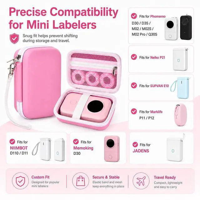 Alt view image 2 of 7 - Hard EVA Case for Phomemo D30/D35 for Nelko P21 Label Maker (Pink)