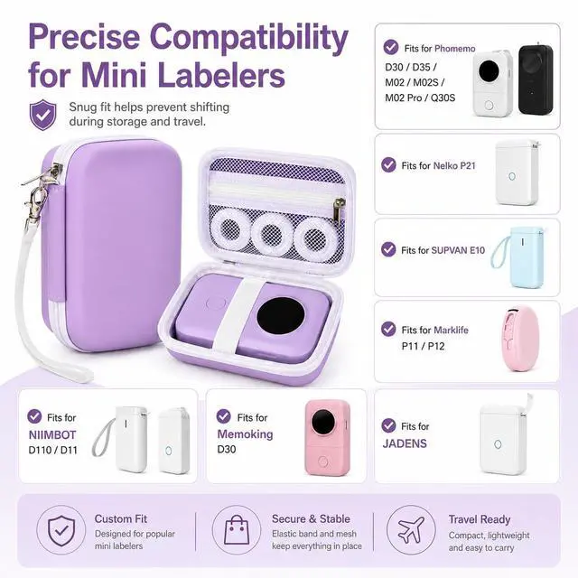 Alt view image 2 of 7 - Hard EVA Case for Phomemo D30/D35 for Nelko P21 Label Maker Purple