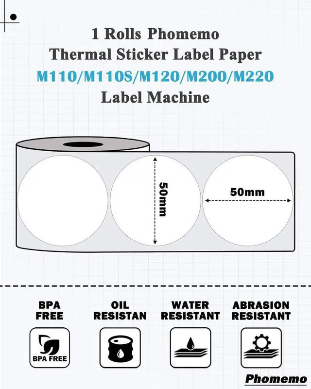 Alt view image 2 of 7 - Phomemo Labels, 1.96"(50×50mm) Round M110 Thermal Labels for M220/M100/M250/M102/M221/M200/M108, Multi-Purpose Roll Thermal Stickers for Small Business, Retailers and Boutiques - 140 Labels/ 1 Roll