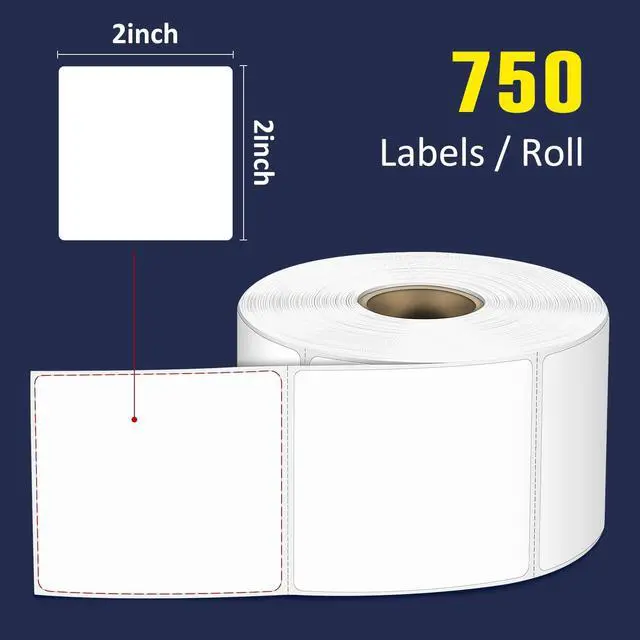 Alt view image 2 of 7 - 2" x 2" Direct Square Thermal Labels, Perforated QR Code and Barcode Stickers & Compatible with Rollo, Zebra and Other Desktop Printers (1 Roll, 750 Labels)