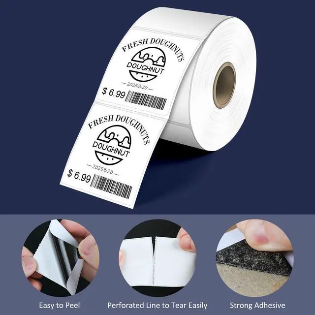Alt view image 3 of 7 - 2" x 2" Direct Square Thermal Labels, Perforated QR Code and Barcode Stickers & Compatible with Rollo, Zebra and Other Desktop Printers (1 Roll, 750 Labels)