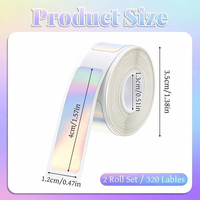 Alt view image 2 of 7 - 2 Rolls/320 Pcs D30 Label Tape, 12 x 40 mm (0.47"x 1.57") Holographic Thermal Labels Waterproof Adhesive Print Master Labels Refill for Office Home Organizing Storage