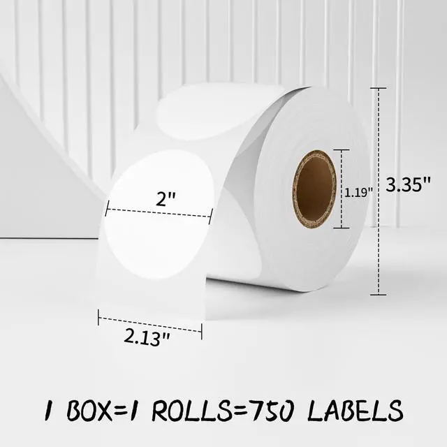 Alt view image 2 of 6 - 2 Inch White Round Labels - 750 Pack Self-Adhesive Thermal Sticker Rolls for Shipping, Address, Barcodes & DIY (Compatible w/Thermal Printers)
