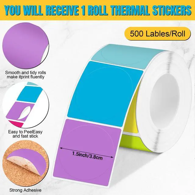 Alt view image 2 of 7 - 500 Pcs/ 1 Roll Thermal Sticker Labels Self Adhesive Direct Thermal Labels Multipurpose Printer Stickers for DIY, Name Tag(Round,1.5 Inches,Vibrant Color)