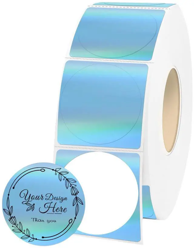 Main image of 1" Round Holographic Thermal Labels Blue, Waterproof & Printable Blue Glitter Thermal Printer Sticker Labels for Custom Logo, Self-Adhesive Name Tag(1000 Pcs/Roll)