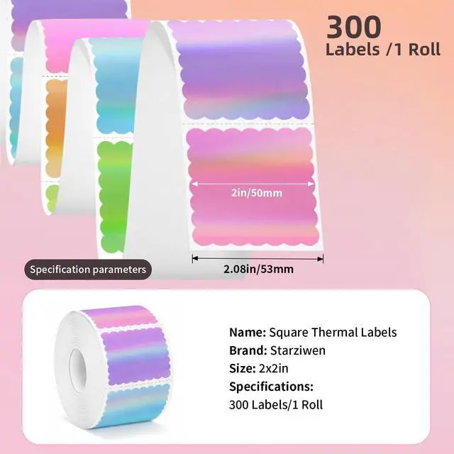 Alt view image 2 of 6 - 2"x2" Holographic Thermal Labels, 300 Pcs Scalloped Square Sticker Paper for Small Business, Custom Logo, Thank You, Glitter Rainbow Effect, Waterproof (5 Assorted Colors, Not Pre-Printed)