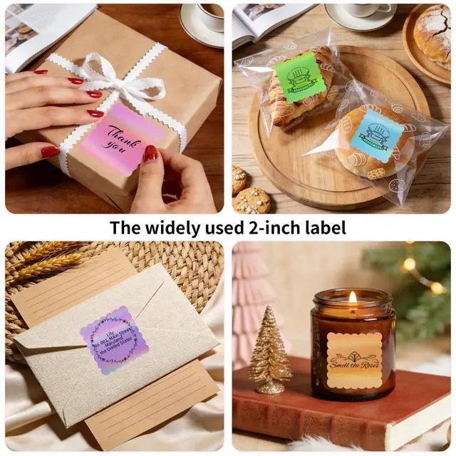 Alt view image 6 of 6 - 2"x2" Holographic Thermal Labels, 300 Pcs Scalloped Square Sticker Paper for Small Business, Custom Logo, Thank You, Glitter Rainbow Effect, Waterproof (5 Assorted Colors, Not Pre-Printed)