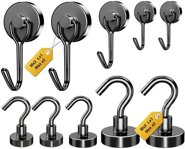 Main image of Magnetic Hooks, Mixed Sizes 10-Pack Black Heavy Duty Strong Magnet Hook Set for Refrigerator, Cruise Ship Cabin, Outdoor BBQ Grill, Kitchen & Garage (Medium 4 + Large 2 + Max 4)