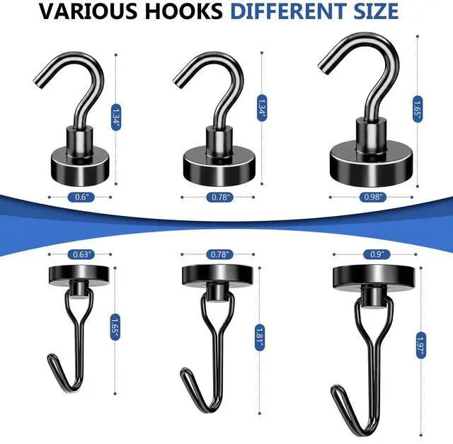 Alt view image 3 of 7 - Magnetic Hooks, Mixed Sizes 10-Pack Black Heavy Duty Strong Magnet Hook Set for Refrigerator, Cruise Ship Cabin, Outdoor BBQ Grill, Kitchen & Garage (Medium 4 + Large 2 + Max 4)