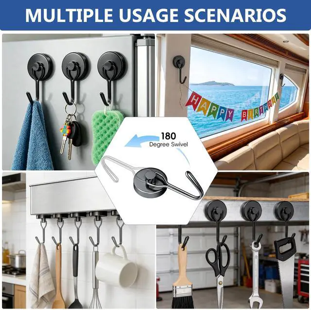 Alt view image 3 of 6 - Magnetic Hooks, Medium 12-Pack Black Heavy Duty Strong Magnet Hook for Refrigerator, Cruise Ship Cabin, Outdoor BBQ Grill, Kitchen & Garage (4 Swivel + 8 Fixed)
