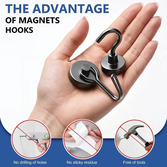 Alt view image 6 of 6 - Magnetic Hooks, Medium 12-Pack Black Heavy Duty Strong Magnet Hook for Refrigerator, Cruise Ship Cabin, Outdoor BBQ Grill, Kitchen & Garage (4 Swivel + 8 Fixed)