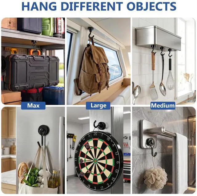 Alt view image 6 of 7 - Magnetic Hooks, Mixed Sizes 10-Pack Black Heavy Duty Strong Magnet Hook Set for Refrigerator, Cruise Ship Cabin, Outdoor BBQ Grill, Kitchen & Garage (Medium 4 + Large 2 + Max 4)