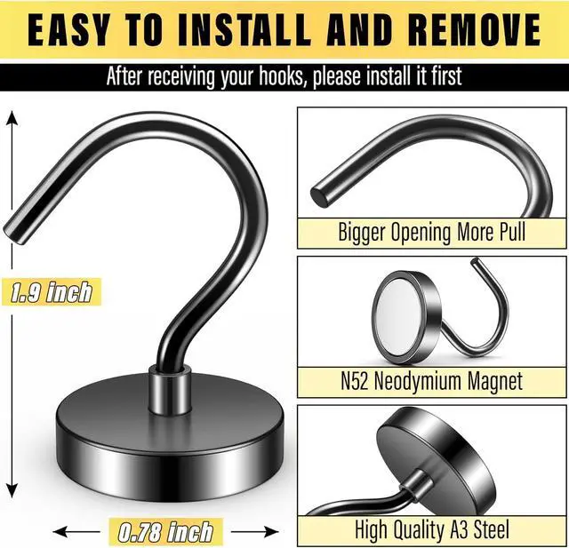Alt view image 3 of 6 - 15 Pack Magnetic Hooks Large Opening, 40LBS Neodymium Magnet Hooks