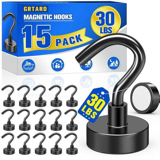 Main image of 15 Pack Black Magnetic Hooks Heavy Duty, 30LBS Strong Magnet Hooks