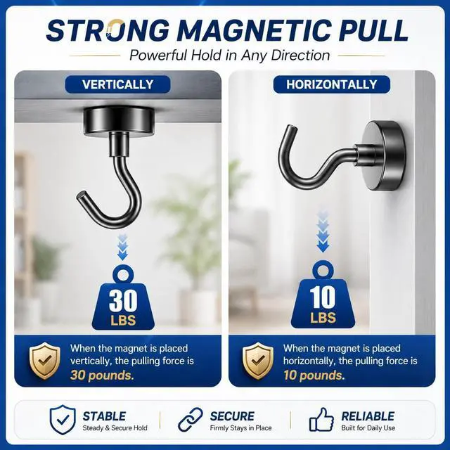 Alt view image 5 of 7 - 15 Pack Black Magnetic Hooks Heavy Duty, 30LBS Strong Magnet Hooks