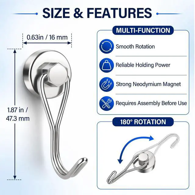 Alt view image 3 of 7 - Magnetic Hooks for Cruise Cabins, 10 Pack, 35LB+, Silver