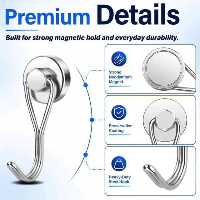 Alt view image 5 of 7 - Magnetic Hooks for Cruise Cabins, 10 Pack, 35LB+, Silver