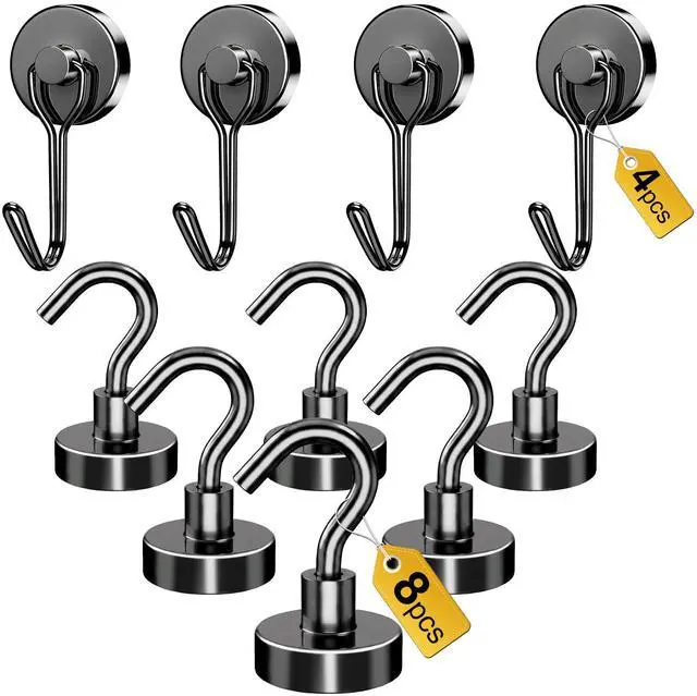 Main image of Magnetic Hooks, Medium 12-Pack Black Heavy Duty Strong Magnet Hook for Refrigerator, Cruise Ship Cabin, Outdoor BBQ Grill, Kitchen & Garage (4 Swivel + 8 Fixed)