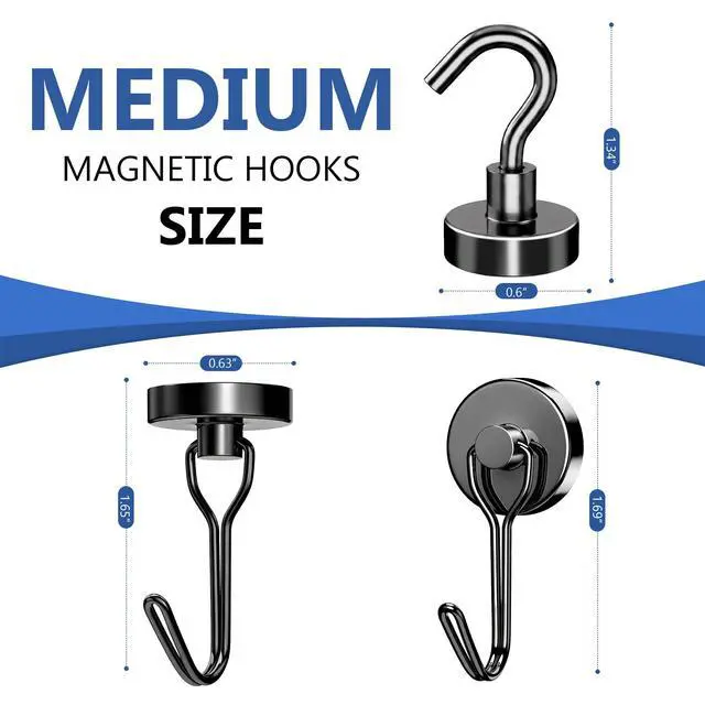 Alt view image 2 of 6 - Magnetic Hooks, Medium 12-Pack Black Heavy Duty Strong Magnet Hook for Refrigerator, Cruise Ship Cabin, Outdoor BBQ Grill, Kitchen & Garage (4 Swivel + 8 Fixed)