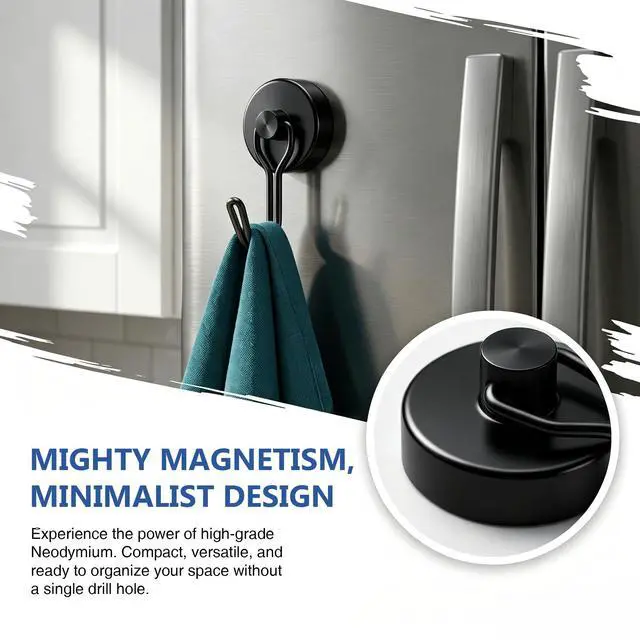 Alt view image 5 of 6 - Magnetic Hooks, Medium 12-Pack Black Heavy Duty Strong Magnet Hook for Refrigerator, Cruise Ship Cabin, Outdoor BBQ Grill, Kitchen & Garage (4 Swivel + 8 Fixed)