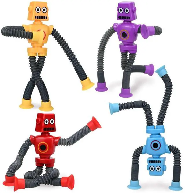 Main image of Robot Toys (4 Pack), Telescopic Suction Cup Robots Autism Pop Tubes Sensory Fidget Toy, Gifts for Kids Toddler Age 3-6 Year Old, Boy Girl Party Favors