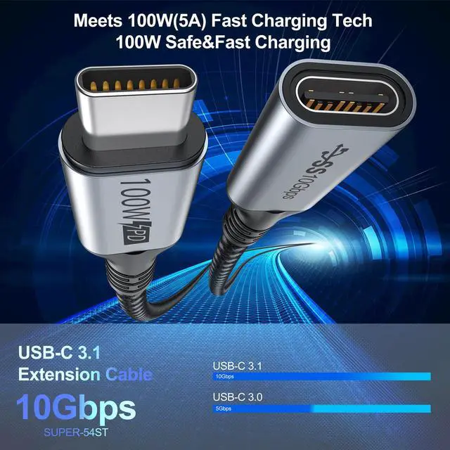 Alt view image 2 of 7 - USB C Extension Cable 3FT(100W/10Gbps/4K@60Hz)