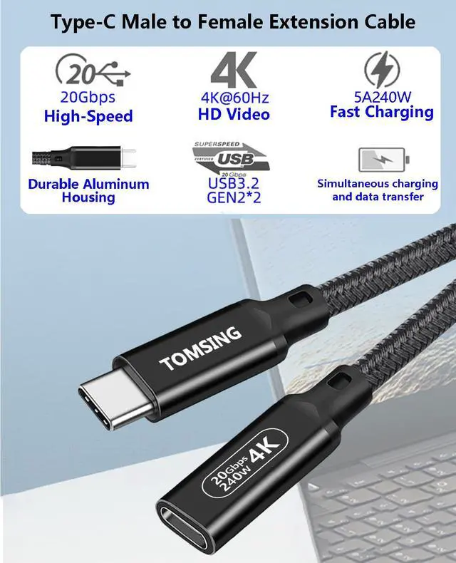 Alt view image 3 of 7 - USB C Extension Cable 20Gbps 4K@60HZ,3.3FTUSB 3.2 Type C Male to Female Extension Charging & Sync for Smartphone,Tablets,Laptops PlayStation, Xbox,Printer, Camera and More