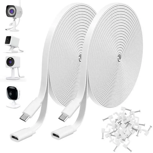 Main image of 2Pack 10ft/3m Micro USB Extension Cable Compatible with Wyze Cam V4,Wyze Cam OG,WYZE Cam Pan,Wyze Cam V3,Zmodo,Kasa Camera EC60,KC100,KC400,Male to Female Extender Cord,Flat Charging Cable