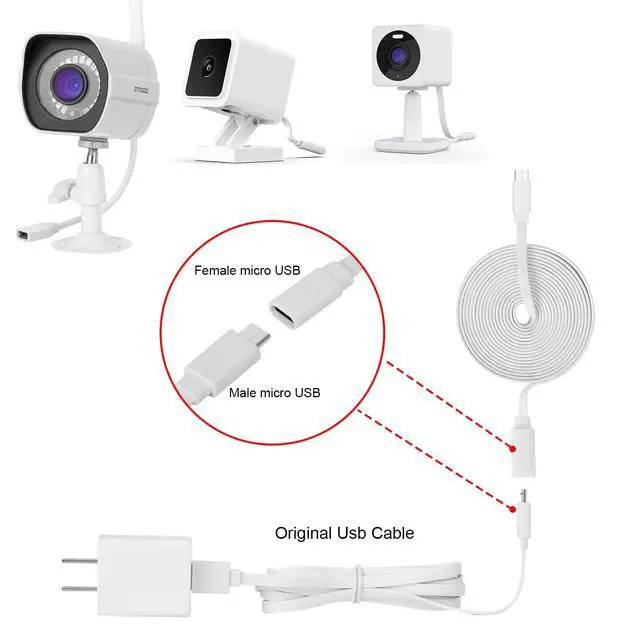 Alt view image 3 of 7 - 2Pack 10ft/3m Micro USB Extension Cable Compatible with Wyze Cam V4,Wyze Cam OG,WYZE Cam Pan,Wyze Cam V3,Zmodo,Kasa Camera EC60,KC100,KC400,Male to Female Extender Cord,Flat Charging Cable