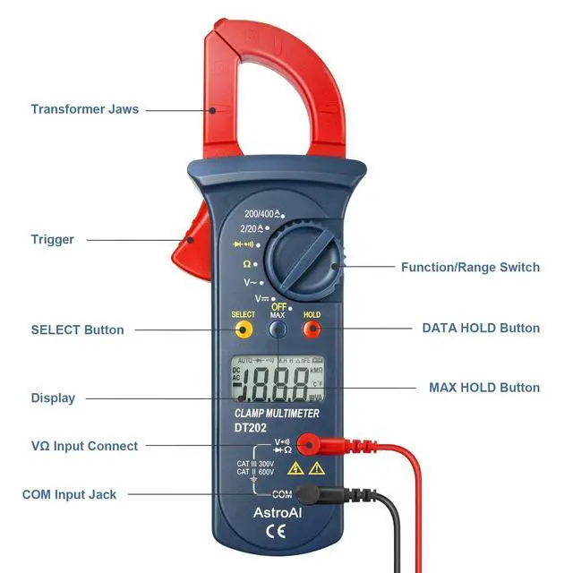 Alt view image 4 of 7 - Digital Clamp Meter 2000 Counts, Multimeter Amp Meter with Auto Ranging; Measures Voltage Tester, AC Current, Resistance, Continuity; Tests Diodes