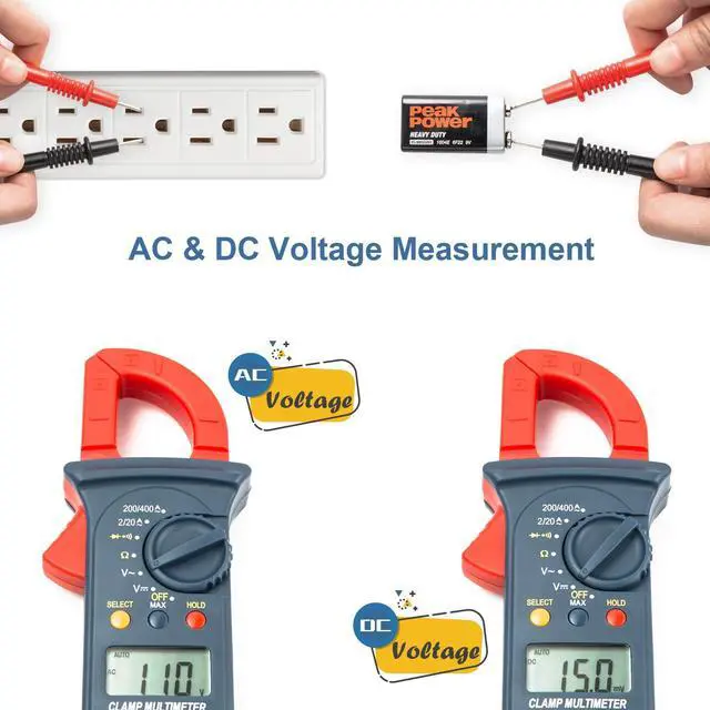 Alt view image 5 of 7 - Digital Clamp Meter 2000 Counts, Multimeter Amp Meter with Auto Ranging; Measures Voltage Tester, AC Current, Resistance, Continuity; Tests Diodes