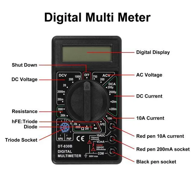 Alt view image 2 of 6 - DT-830D Digital Multimeter with Buzzer Square Wave Output Voltage Ampere Ohm Tester Probe DC AC LCD Overload Protection