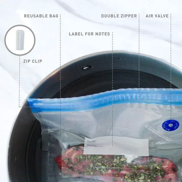 Alt view image 3 of 7 - Sous Vide Bags for Joule and Anova Cooker - 20 Pieces Kit with Vacuum Sealer Bags, Hand Pump, Clips - 3 Bag Sizes, Food Storage, Meal Prep - Fits Any Sous Vide Cooking Machine