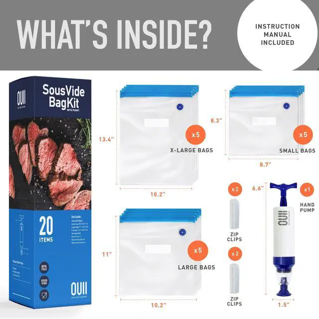 Alt view image 6 of 7 - Sous Vide Bags for Joule and Anova Cooker - 20 Pieces Kit with Vacuum Sealer Bags, Hand Pump, Clips - 3 Bag Sizes, Food Storage, Meal Prep - Fits Any Sous Vide Cooking Machine