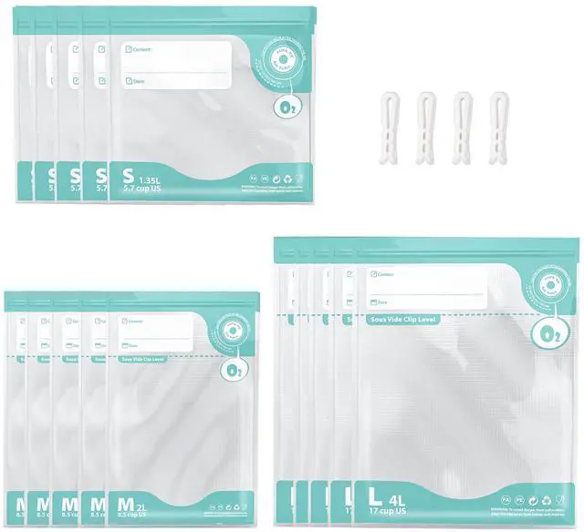 Main image of Sous Vide Bags Reusable, Vacuum Food Storage Bags 15 pcs (S M L each size 5pcs) Comes with 4 sealing sliders PA&PE material Double zipper Long-lasting freshness Bag for Cooking, Food Storage