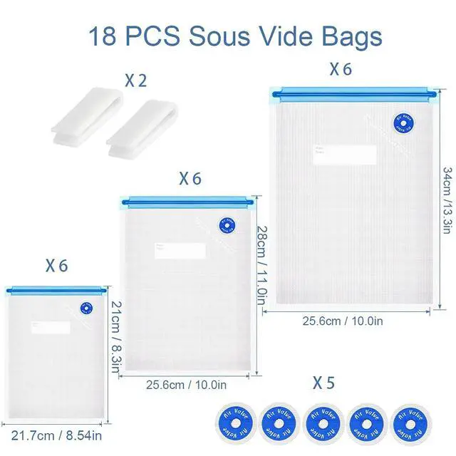 Alt view image 2 of 6 - Sous Vide Bags 25Pcs, Reusable BPA Free Vacuum Sealer Bags Vacuum Food Storage Bag for Cooking/Food Storage/Microwave Heating - 3 Size 18Pcs Vacuum Zipper Bag & 5 Air Valves & 2 Seal Clips