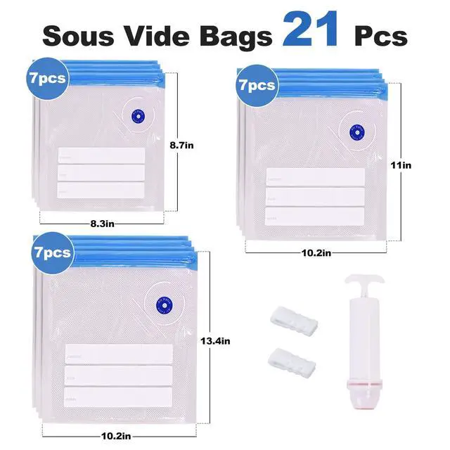 Alt view image 2 of 7 - Reusable Sous Vide Bags 21 Pcs 3Size Vacuum Zipper Sealer Bag for Food,Vacuum Seal Bags with Hand Pump&Sealing Clips for Sous Vide Cooking,Freezer Safe,Microwave Heating and Food Storage