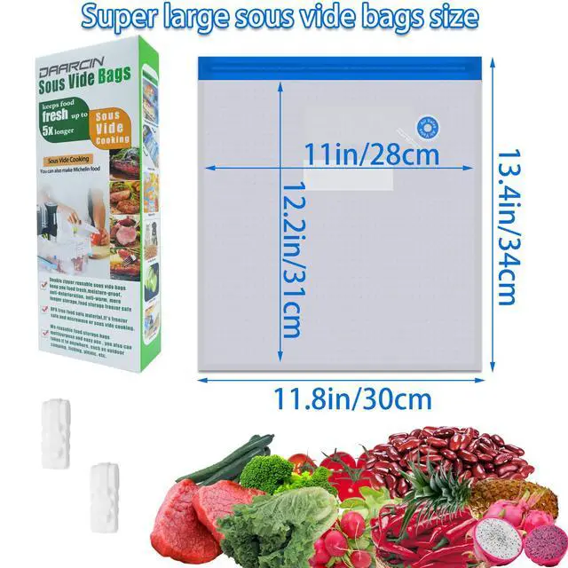 Alt view image 7 of 7 - Super Large Sous Vide Bags15pcs kit,BPA Free Reusable Vacuum Sealer Bags and 2pcs Sealing Clips for Food Storage and Sous Vide Cooking(11.8x13.4in/30x34cm)